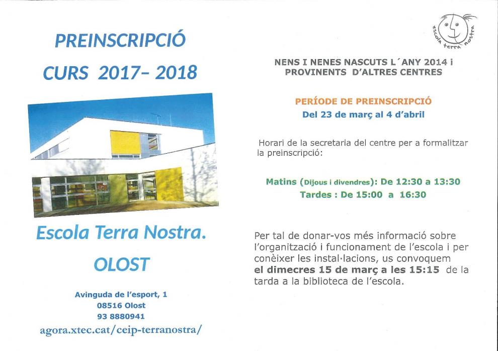 Preinscripció a l'Escola Terra Nostra pel curs 2017-2018